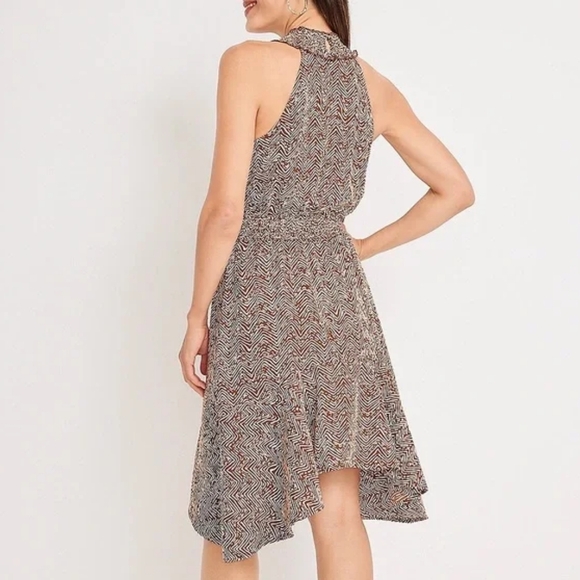 Maurices Brown Cream Smock Mock Neck Halter Sleeveless Asymmetrical Dress XS Mid - Picture 2 of 11